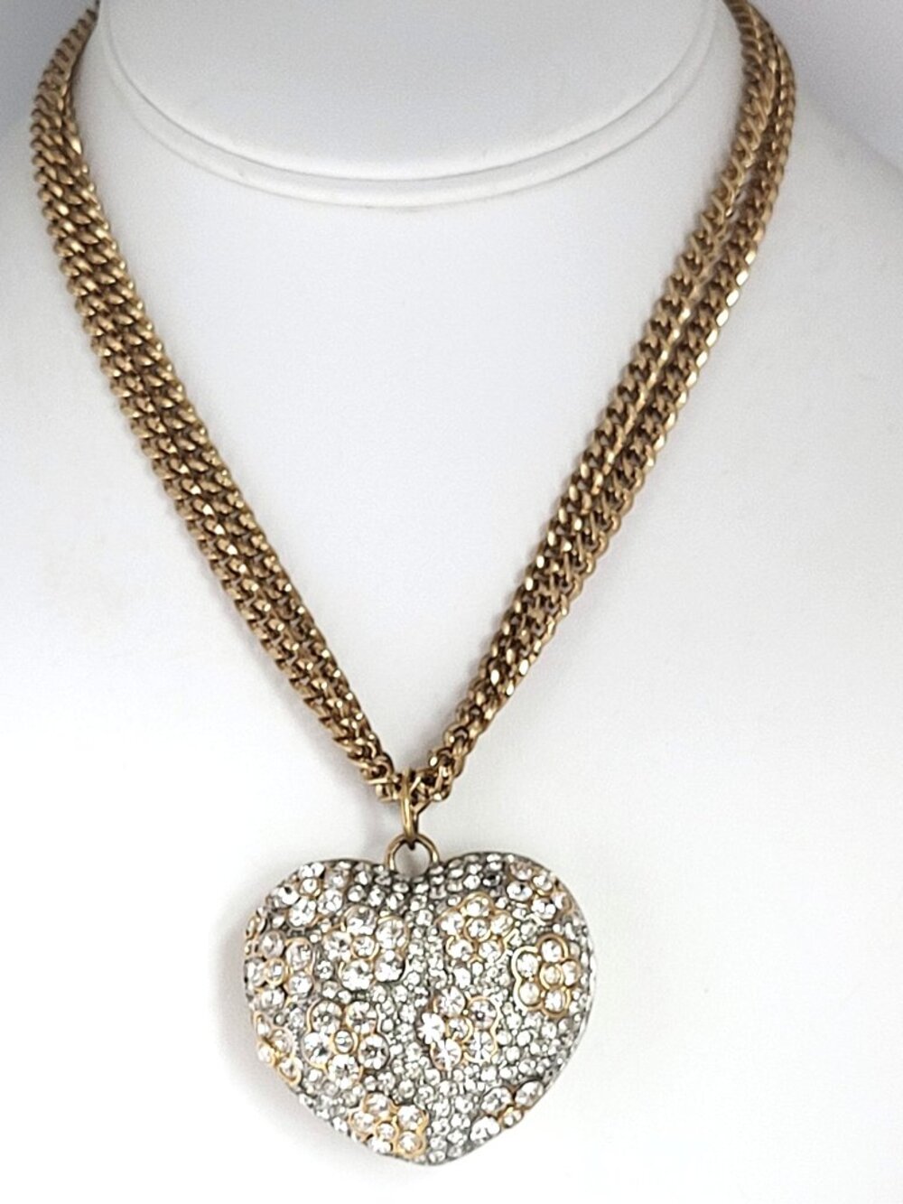 Vintage Pave' Rhinestone Puffy Heart Choker Double 4mm Curb Chain Gold Tone 15"